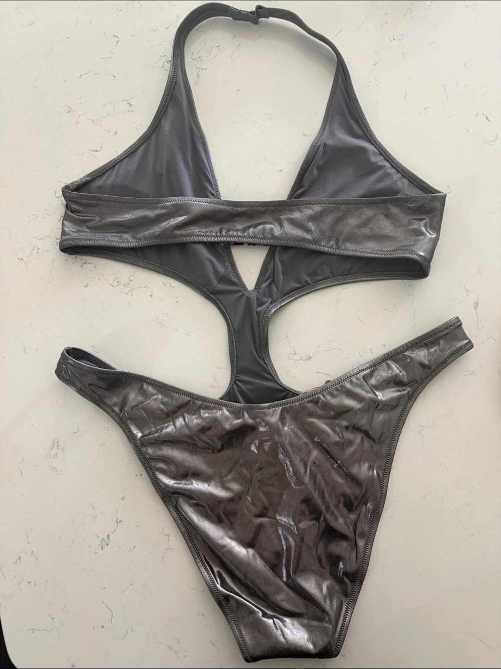 NWT SKIMS Metallic Swim Halter Monokini Swimsuit in Carbon 2X